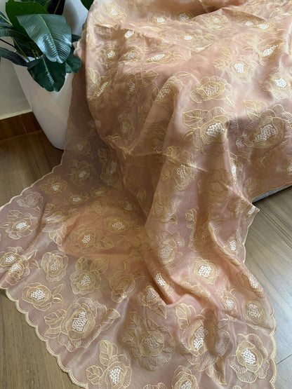Chanderi tissue silk saree with embroidery and scalloped borders | Peach | BA6