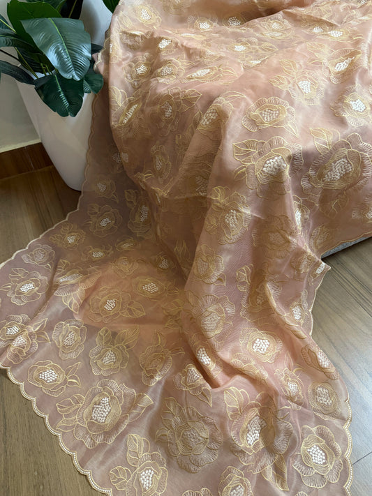 Chanderi tissue silk saree with embroidery and scalloped borders | Peach | BA6
