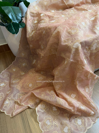 Chanderi tissue silk saree with embroidery and scalloped borders | Peach | BA6