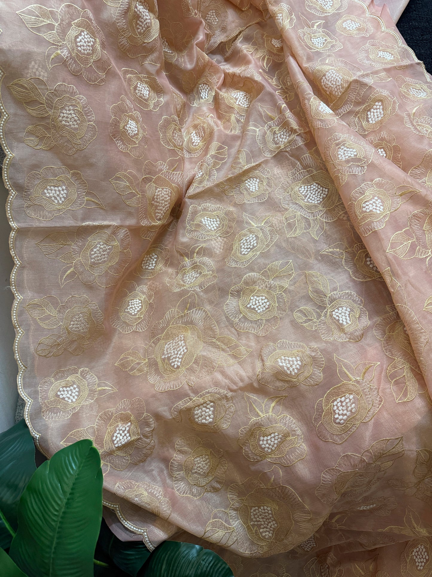 Chanderi tissue silk saree with embroidery and scalloped borders | Peach | BA6