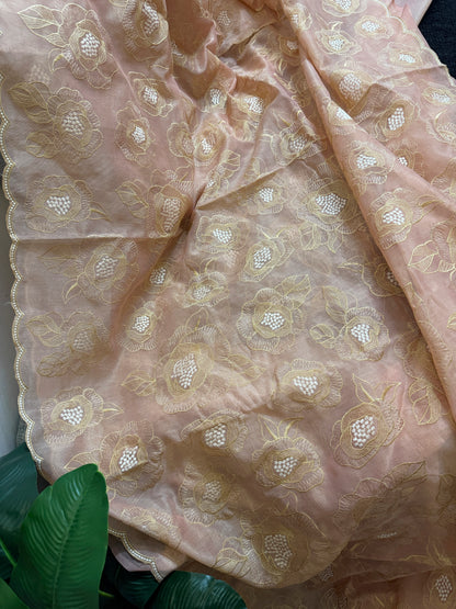Chanderi tissue silk saree with embroidery and scalloped borders | Peach | BA6
