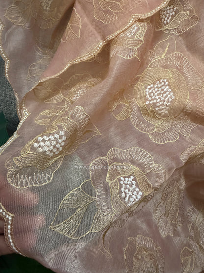 Chanderi tissue silk saree with embroidery and scalloped borders | Peach | BA6