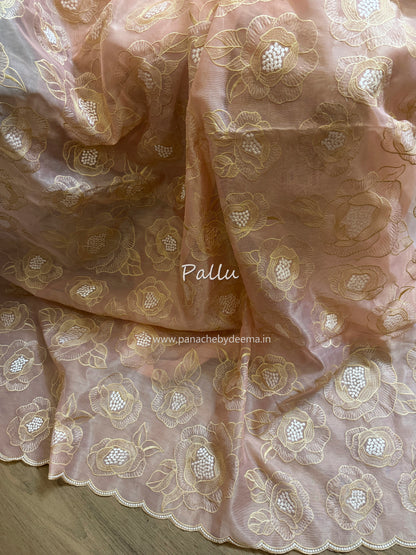 Chanderi tissue silk saree with embroidery and scalloped borders | Peach | BA6