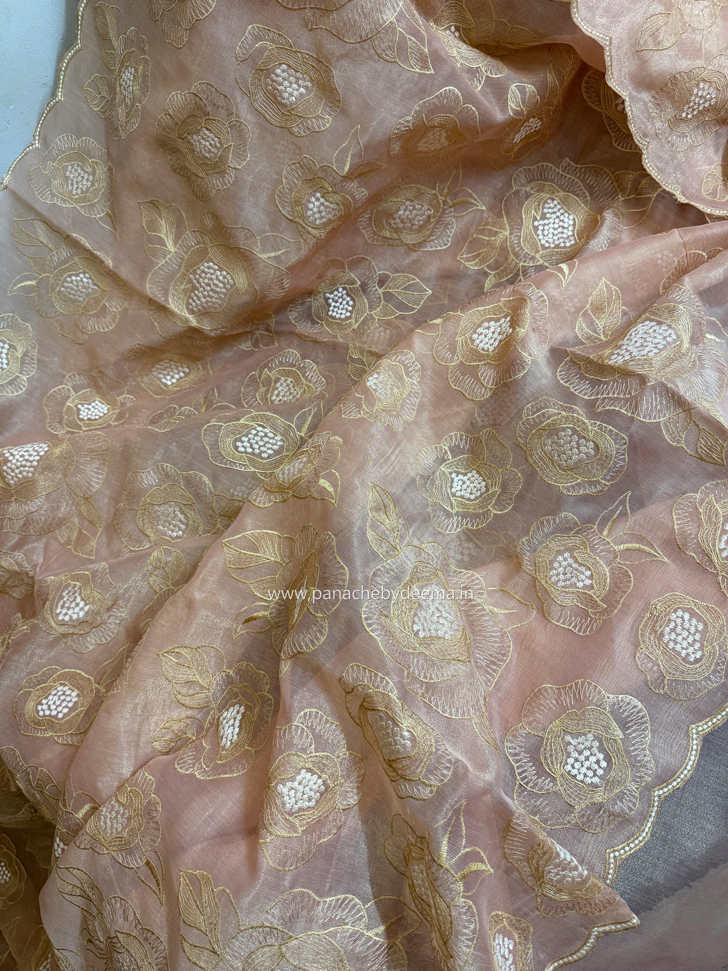 Chanderi tissue silk saree with embroidery and scalloped borders | Peach | BA6