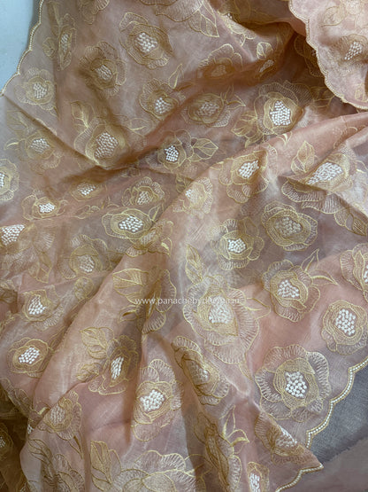 Chanderi tissue silk saree with embroidery and scalloped borders | Peach | BA6