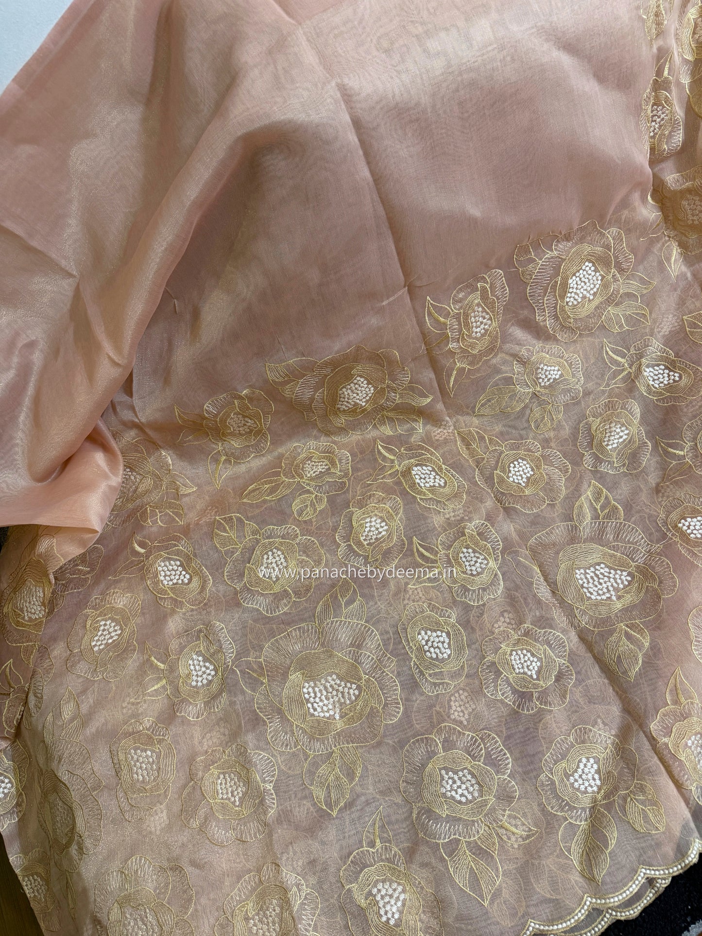 Chanderi tissue silk saree with embroidery and scalloped borders | Peach | BA6