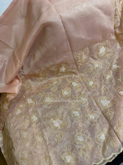 Chanderi tissue silk saree with embroidery and scalloped borders | Peach | BA6