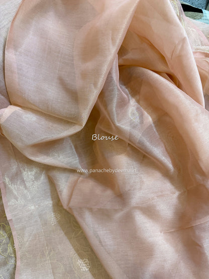 Chanderi tissue silk saree with embroidery and scalloped borders | Peach | BA6