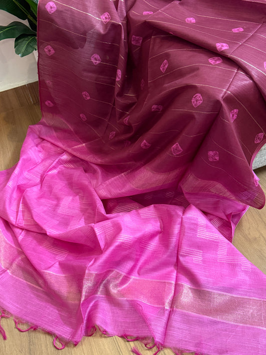 Semi tussar saree with contrast borders | Maroon with pink border | PA120