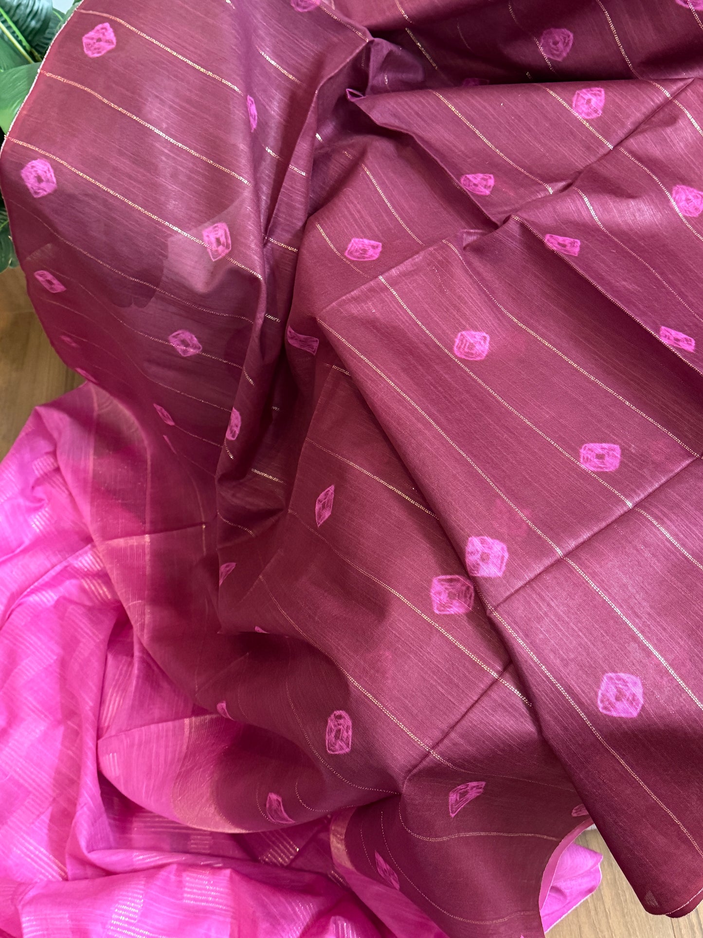 Semi tussar saree with contrast borders | Maroon with pink border | PA120