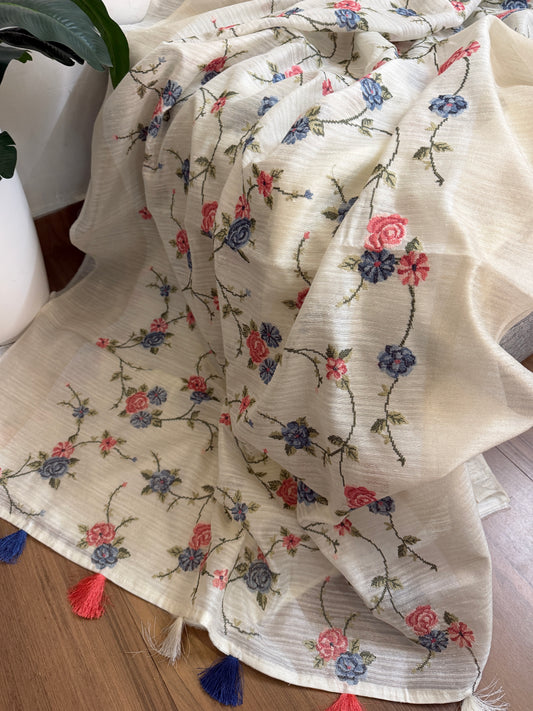 Semi Jute silk saree with cross- stitch embroidery |Off-white| TU1