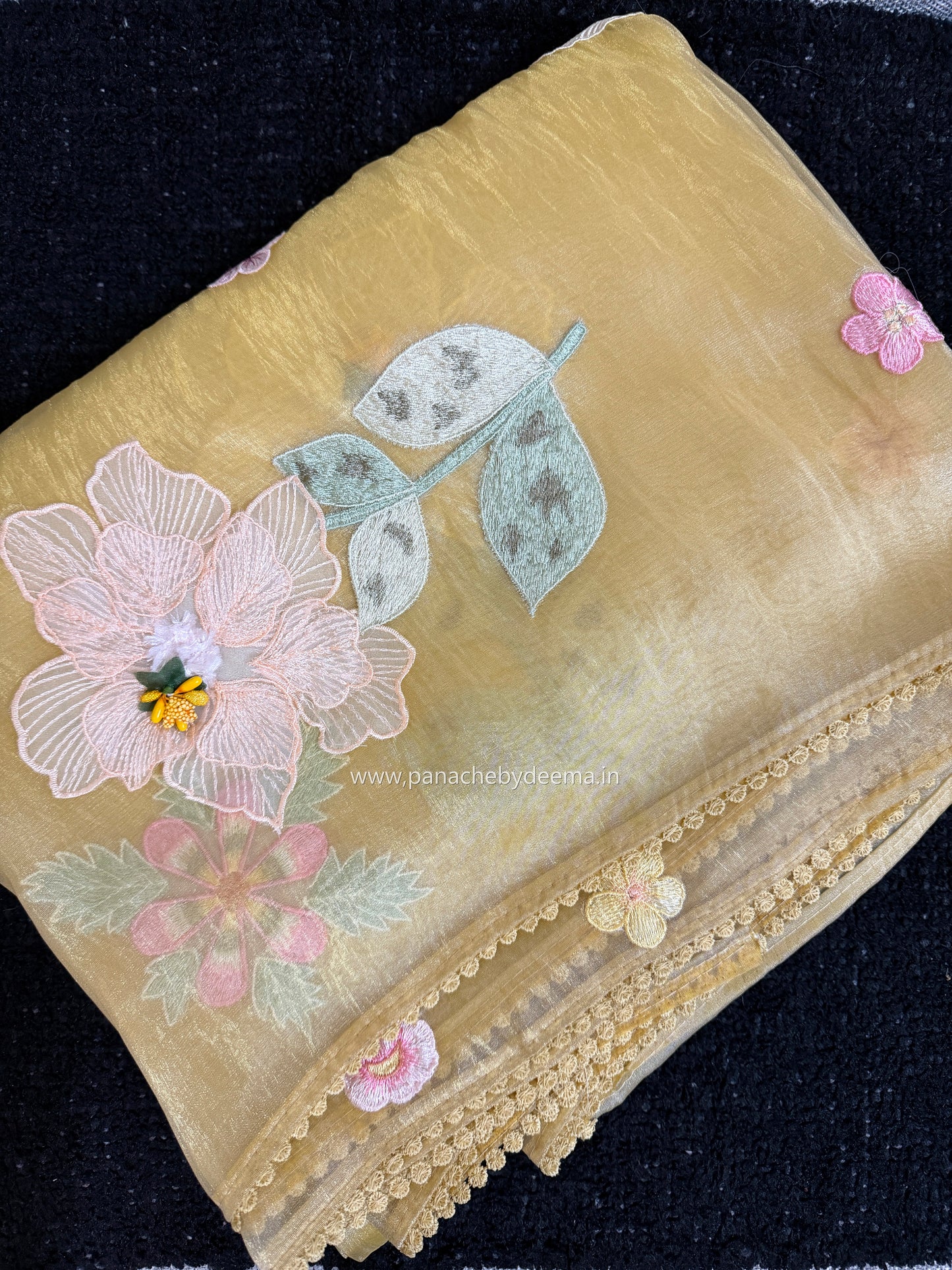 Tissue Organza saree with 3D applique work and lace detailed borders| Yellow | BA3