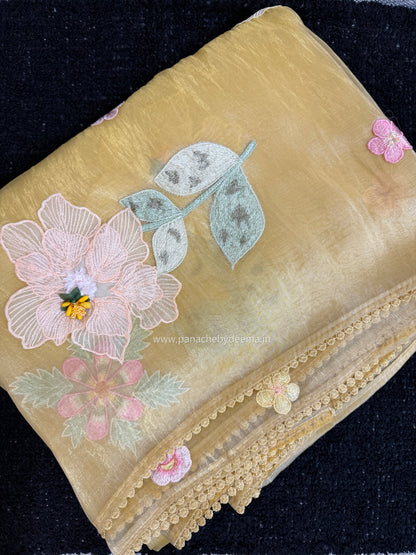 Tissue Organza saree with 3D applique work and lace detailed borders| Yellow | BA3