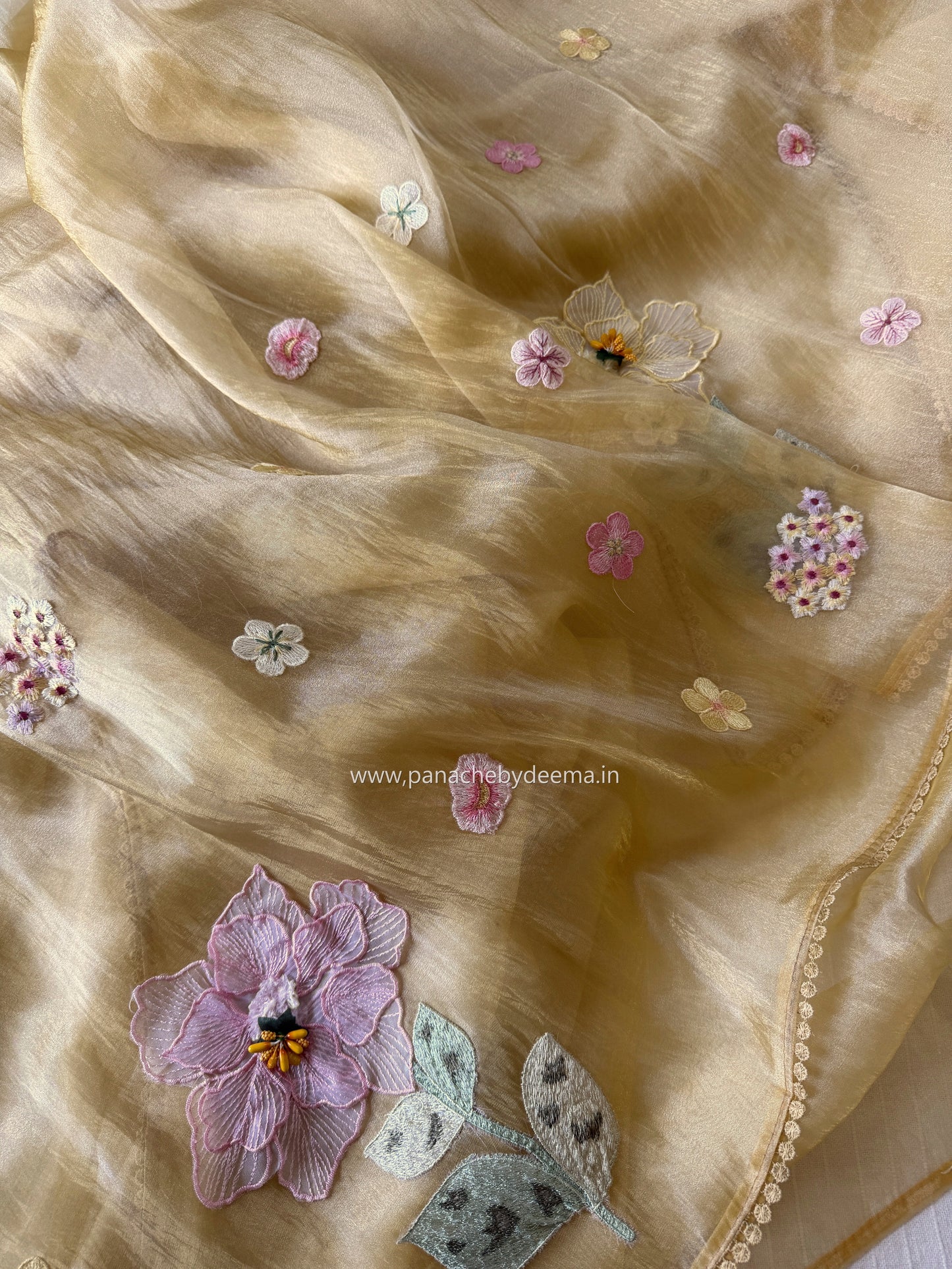 Tissue Organza saree with 3D applique work and lace detailed borders| Yellow | BA3
