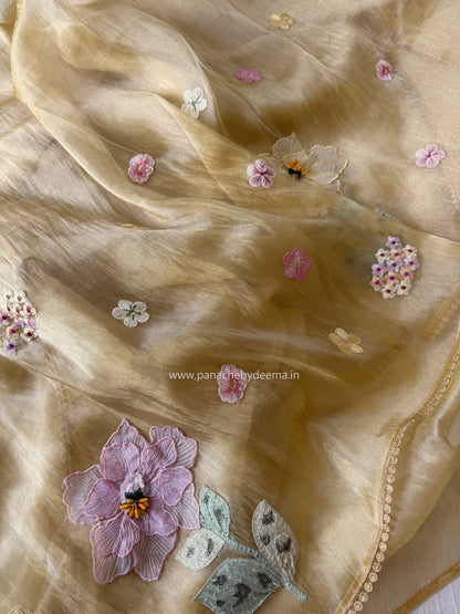 Tissue Organza saree with 3D applique work and lace detailed borders| Yellow | BA3