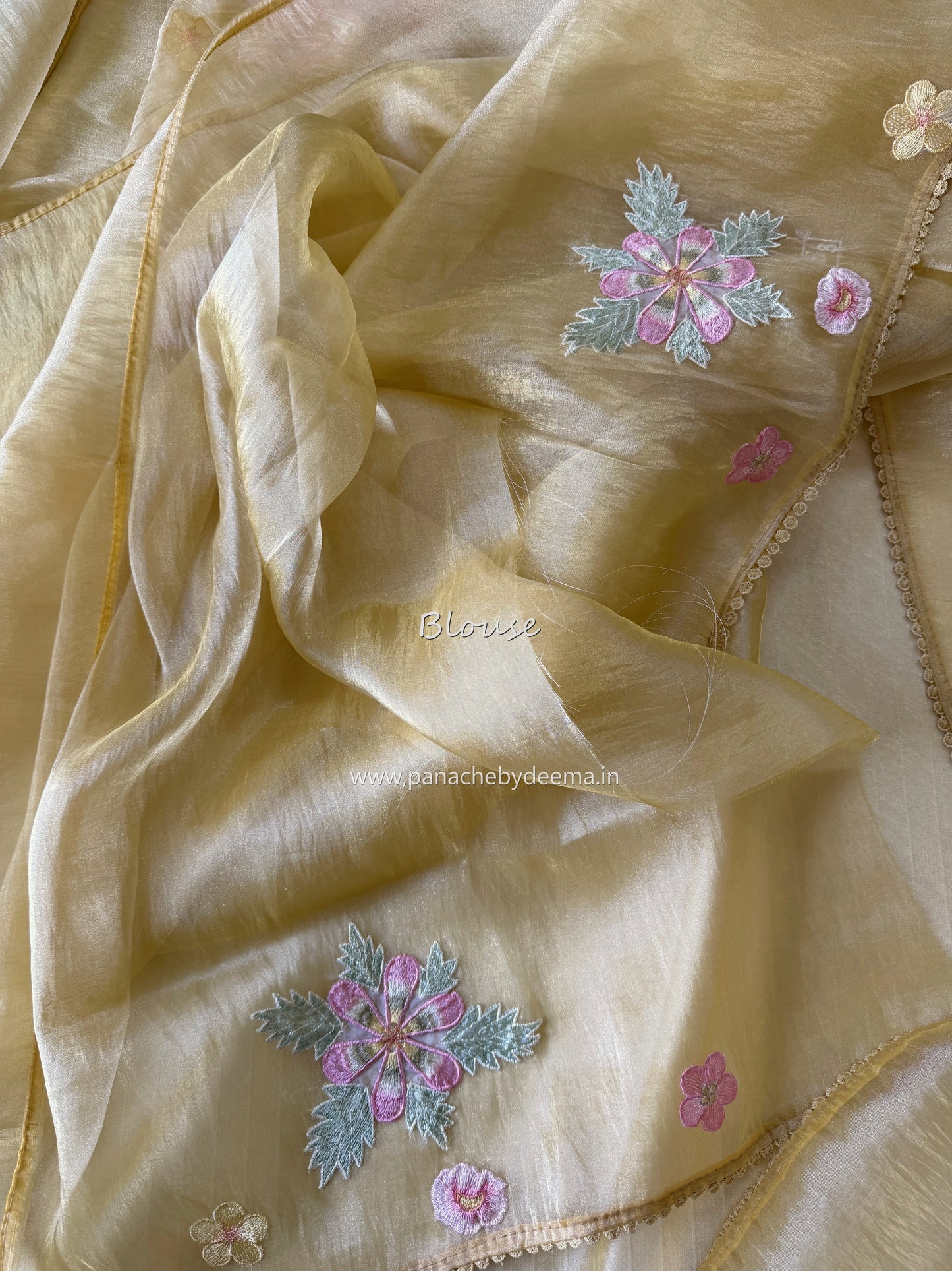 Tissue Organza saree with 3D applique work and lace detailed borders| Yellow | BA3
