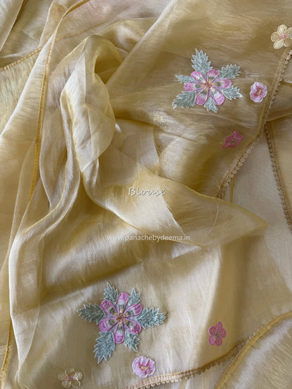 Tissue Organza saree with 3D applique work and lace detailed borders| Yellow | BA3