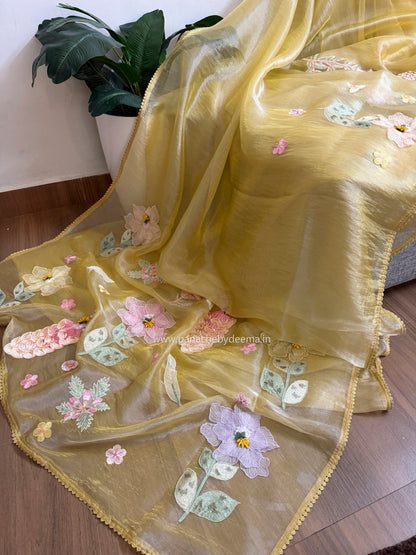 Tissue Organza saree with 3D applique work and lace detailed borders| Yellow | BA3