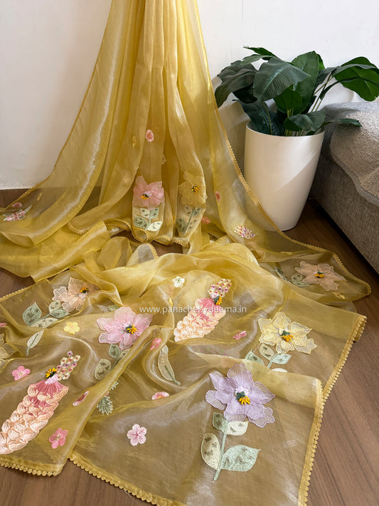 Tissue Organza saree with 3D applique work and lace detailed borders| Yellow | BA3