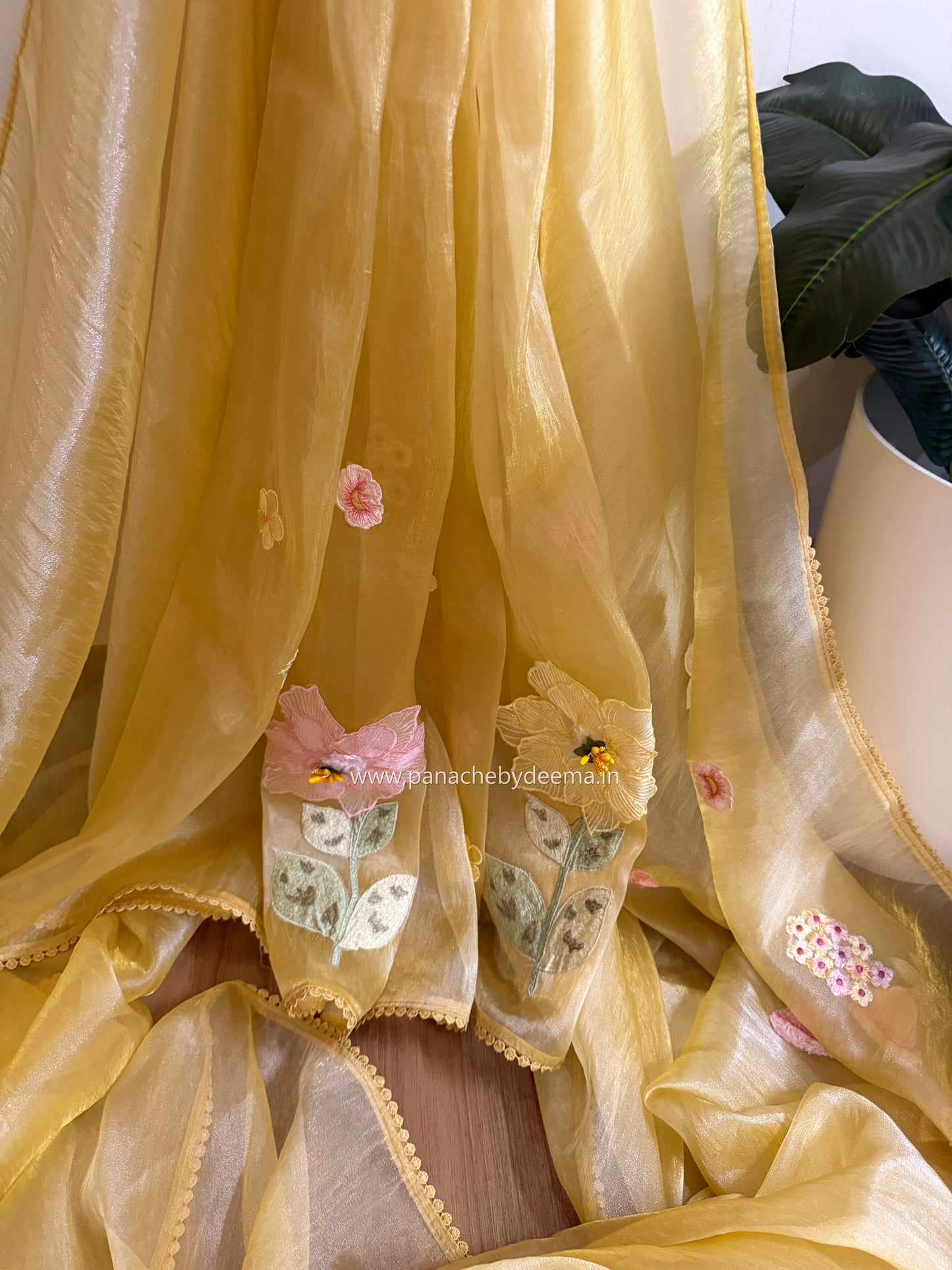 Tissue Organza saree with 3D applique work and lace detailed borders| Yellow | BA3