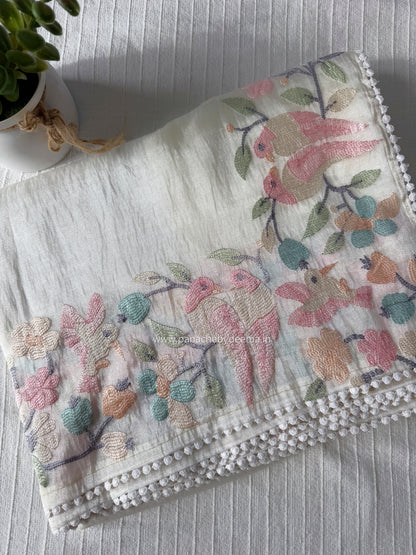 Organza glass tissue saree with embroidery and lace detailed borders | Offwhite | OB2