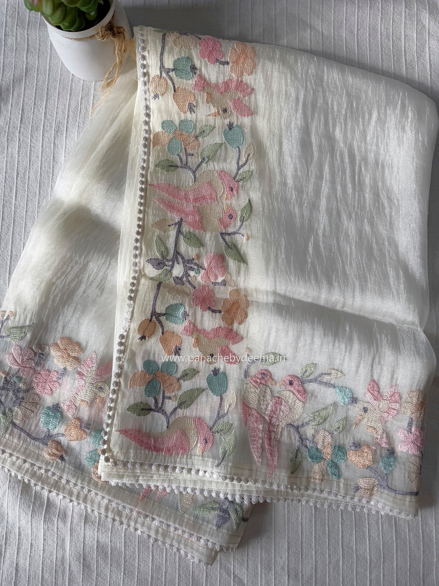 Organza glass tissue saree with embroidery and lace detailed borders | Offwhite | OB2
