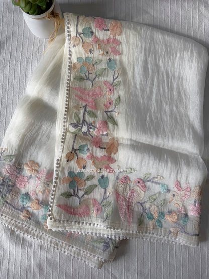 Organza glass tissue saree with embroidery and lace detailed borders | Offwhite | OB2