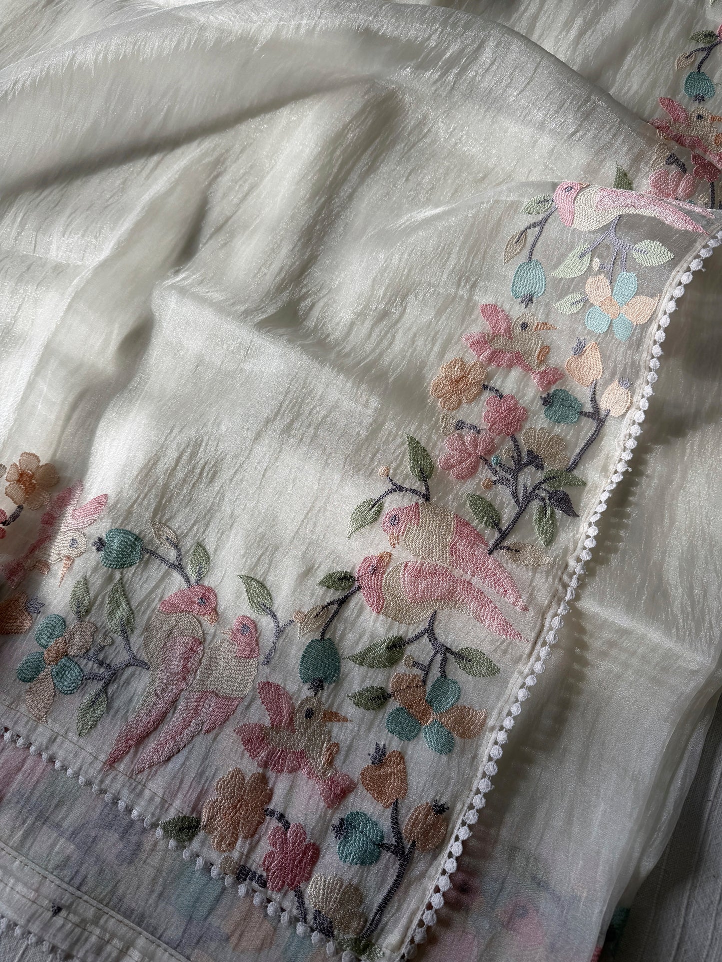 Organza glass tissue saree with embroidery and lace detailed borders | Offwhite | OB2