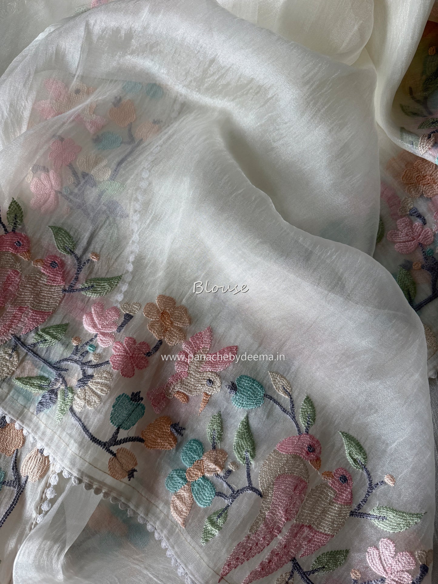 Organza glass tissue saree with embroidery and lace detailed borders | Offwhite | OB2