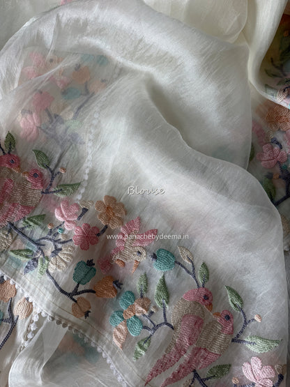 Organza glass tissue saree with embroidery and lace detailed borders | Offwhite | OB2