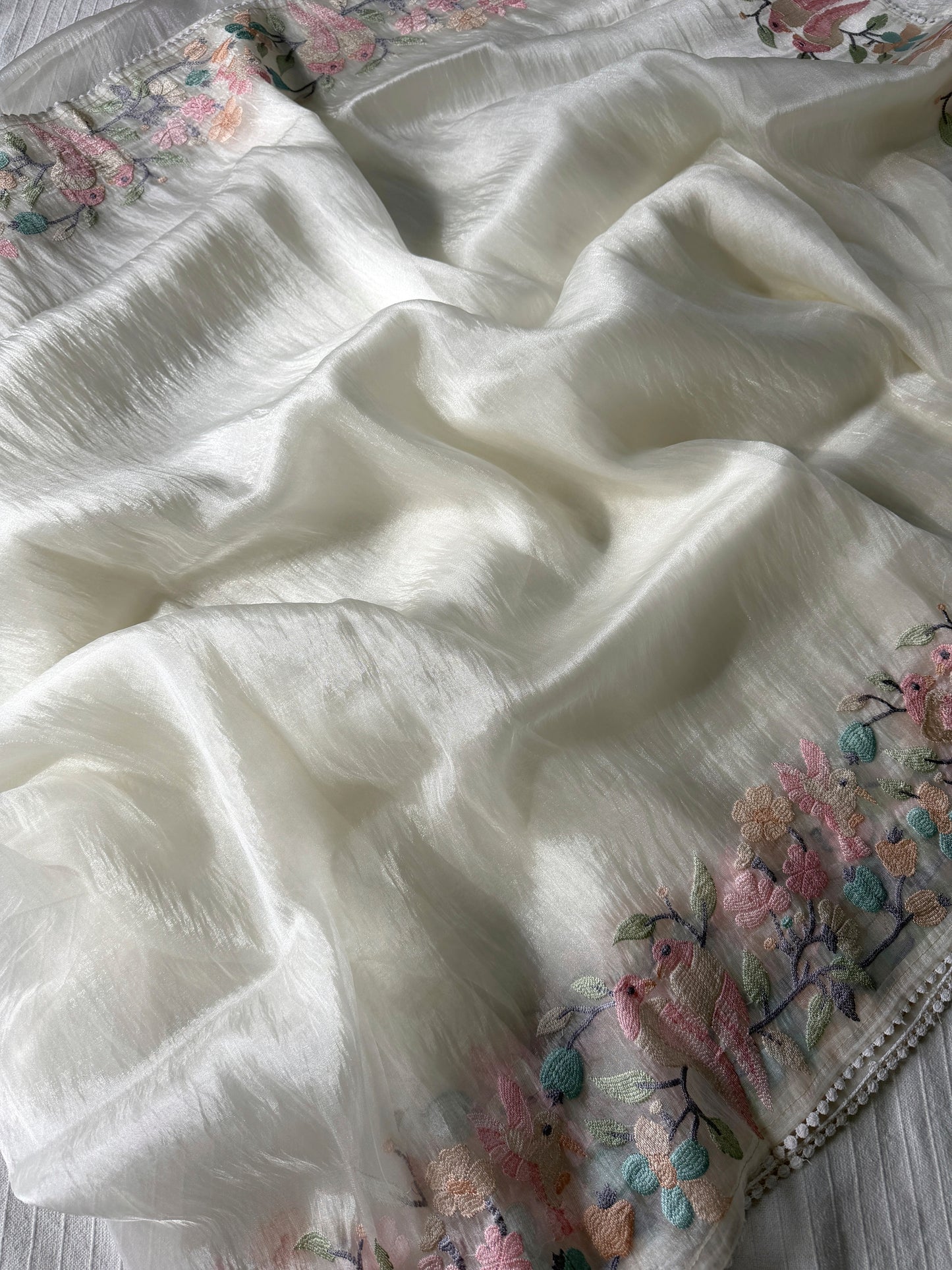 Organza glass tissue saree with embroidery and lace detailed borders | Offwhite | OB2