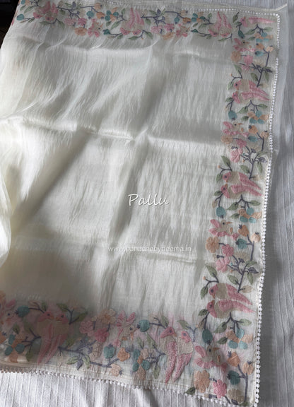 Organza glass tissue saree with embroidery and lace detailed borders | Offwhite | OB2