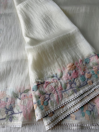 Organza glass tissue saree with embroidery and lace detailed borders | Offwhite | OB2