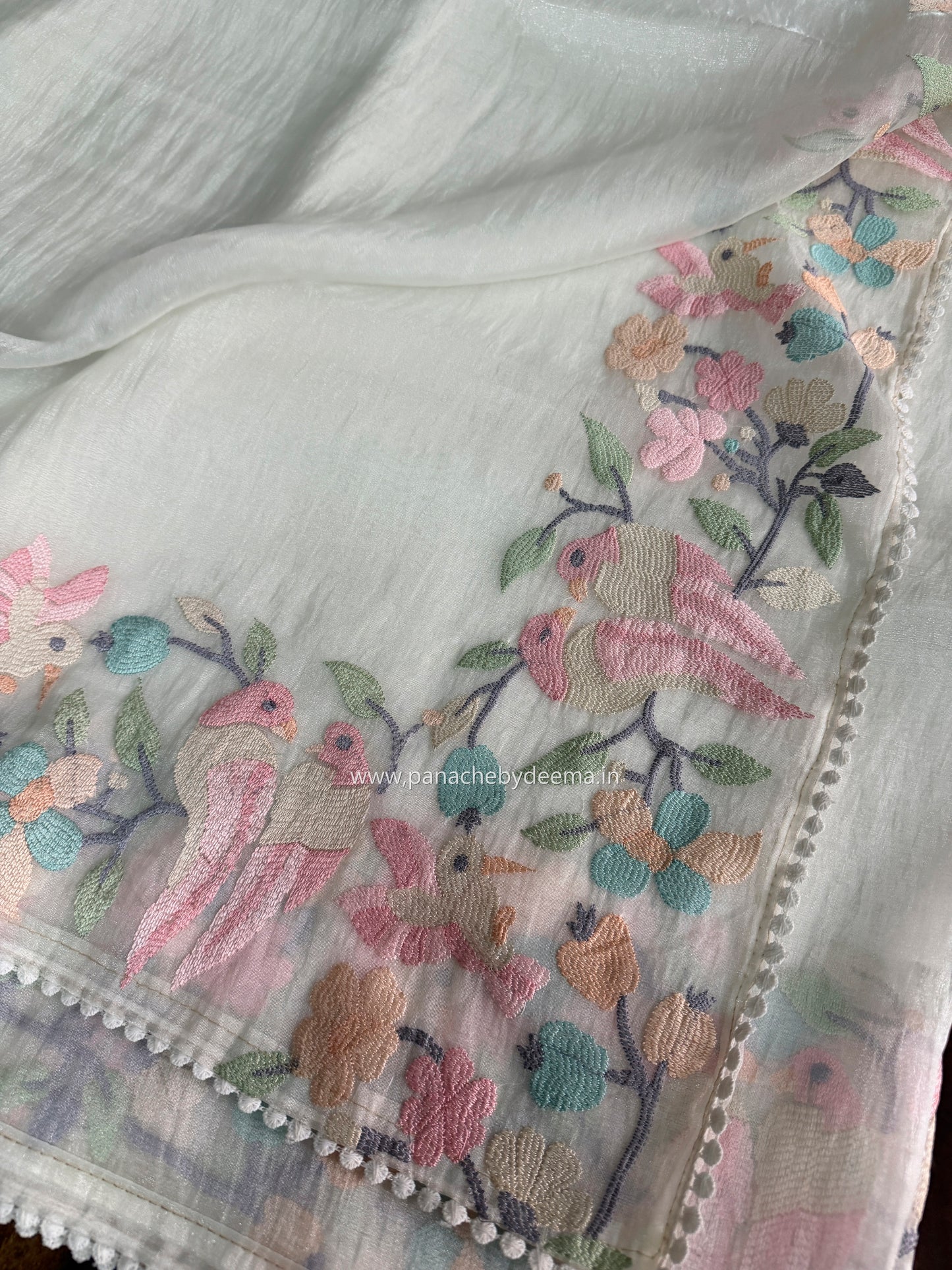 Organza glass tissue saree with embroidery and lace detailed borders | Offwhite | OB2