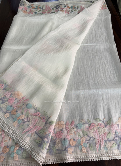 Organza glass tissue saree with embroidery and lace detailed borders | Offwhite | OB2