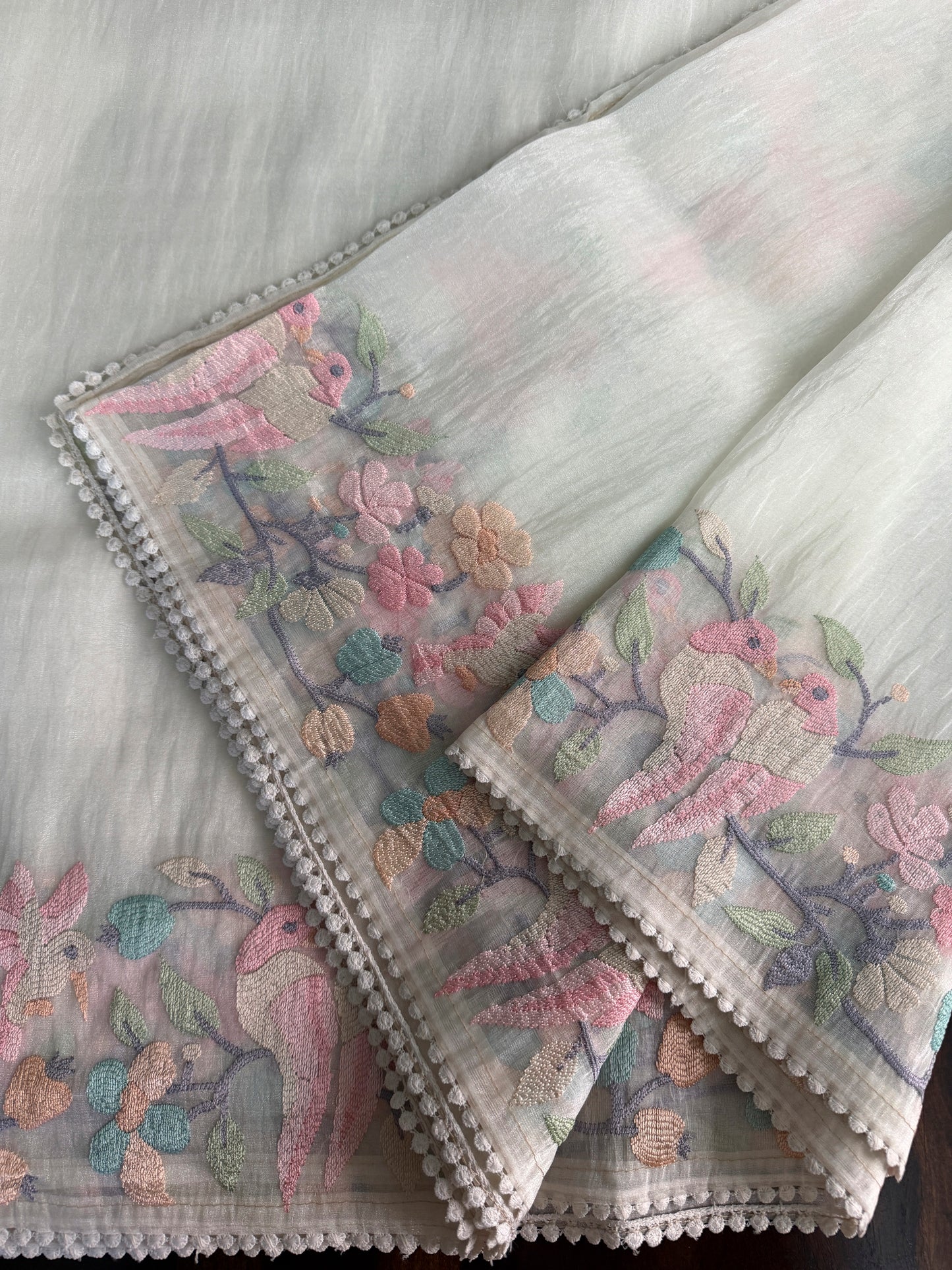 Organza glass tissue saree with embroidery and lace detailed borders | Offwhite | OB2