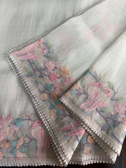 Organza glass tissue saree with embroidery and lace detailed borders | Offwhite | OB2