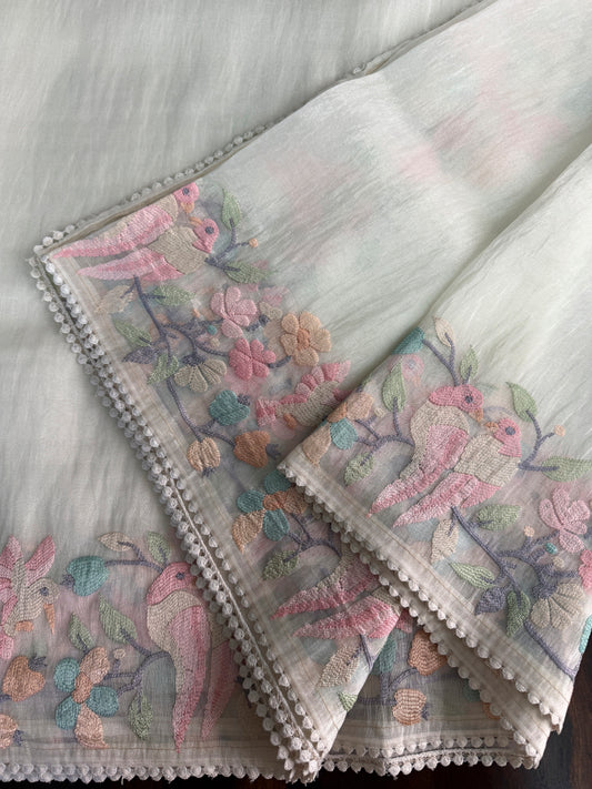 Organza glass tissue saree with embroidery and lace detailed borders | Offwhite | OB2