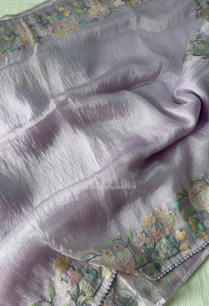 Organza glass tissue saree with embroidery and lace detailed borders | Light Lavender| OB3