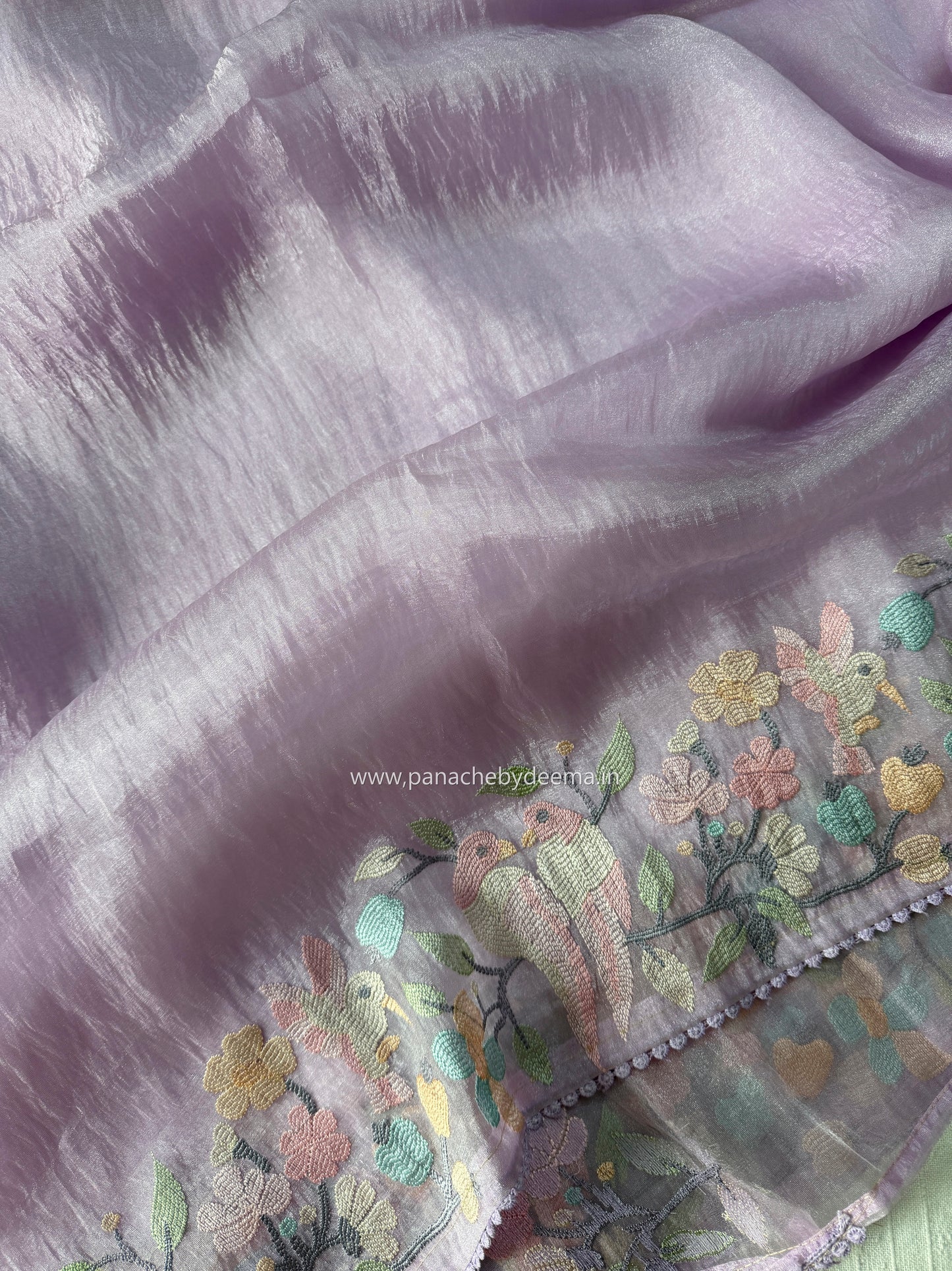 Organza glass tissue saree with embroidery and lace detailed borders | Light Lavender| OB3