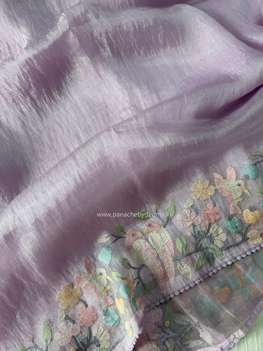 Organza glass tissue saree with embroidery and lace detailed borders | Light Lavender| OB3