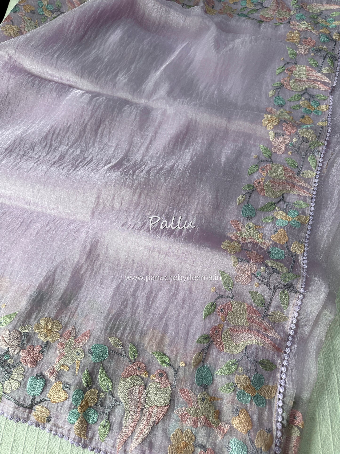 Organza glass tissue saree with embroidery and lace detailed borders | Light Lavender| OB3