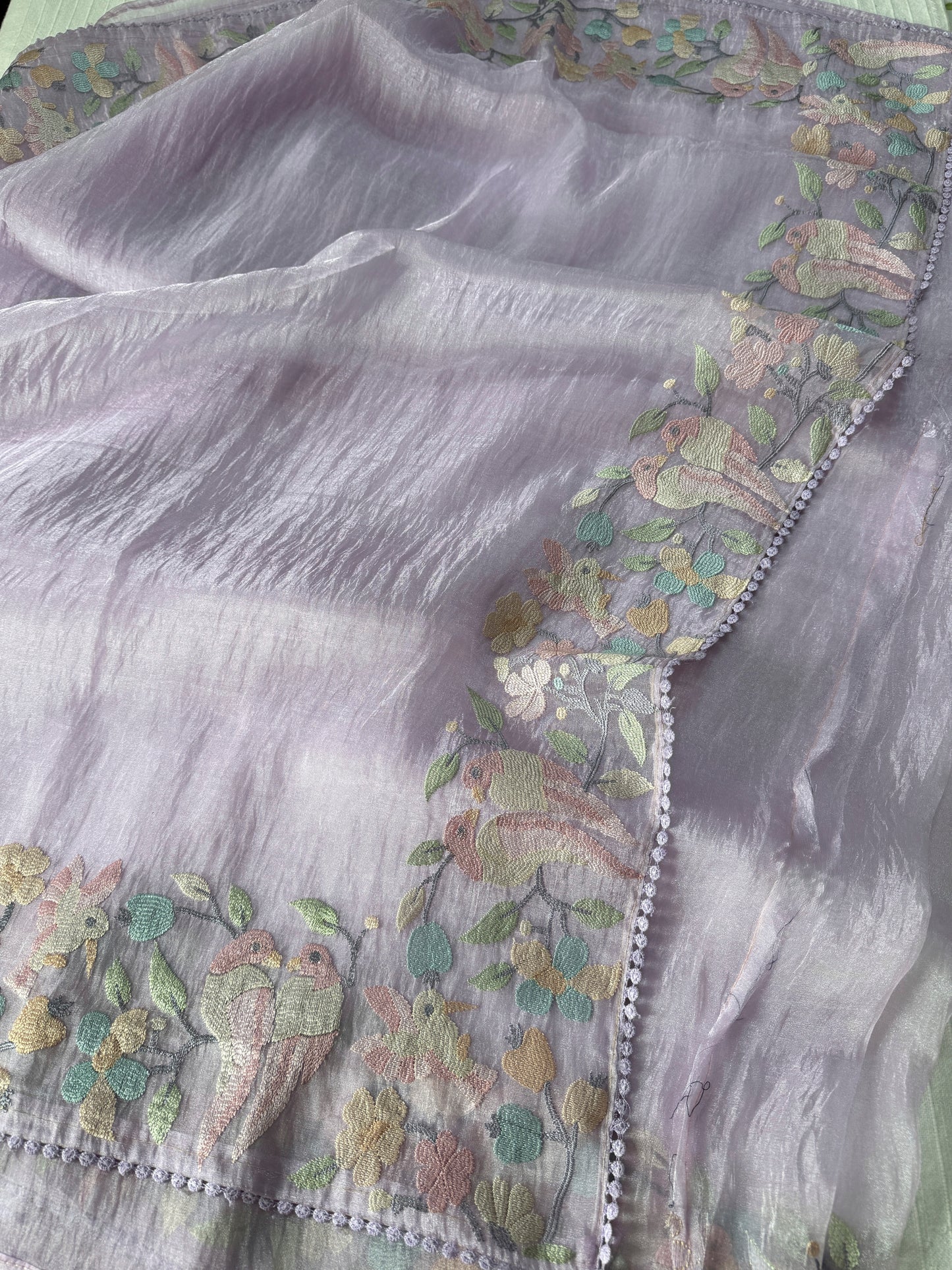Organza glass tissue saree with embroidery and lace detailed borders | Light Lavender| OB3