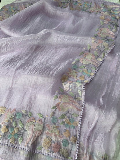 Organza glass tissue saree with embroidery and lace detailed borders | Light Lavender| OB3