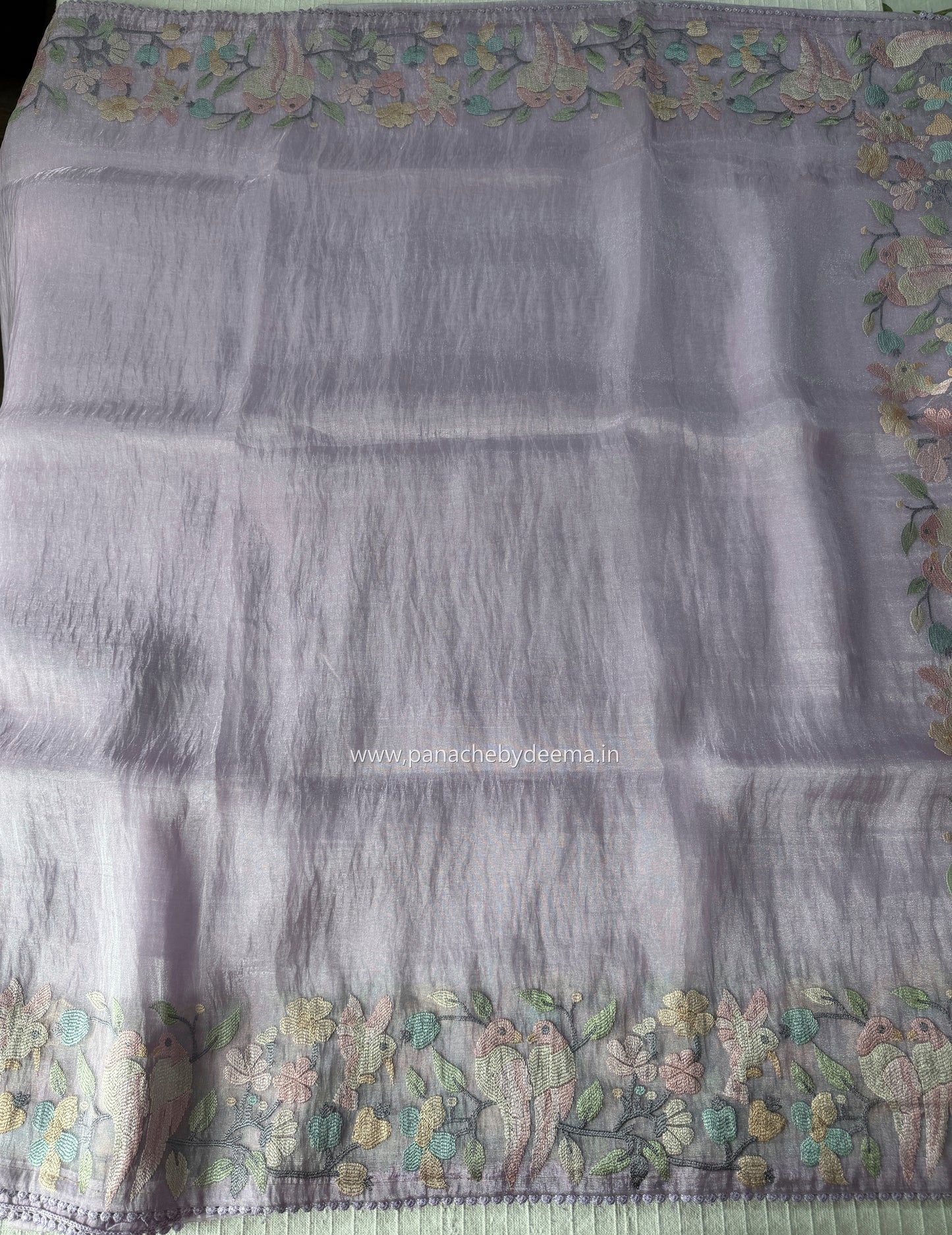 Organza glass tissue saree with embroidery and lace detailed borders | Light Lavender| OB3