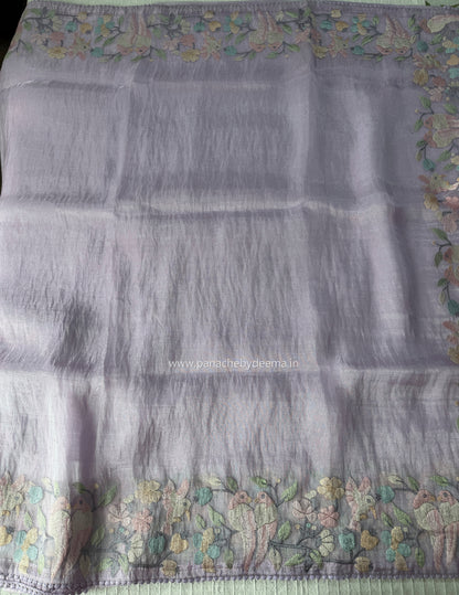 Organza glass tissue saree with embroidery and lace detailed borders | Light Lavender| OB3