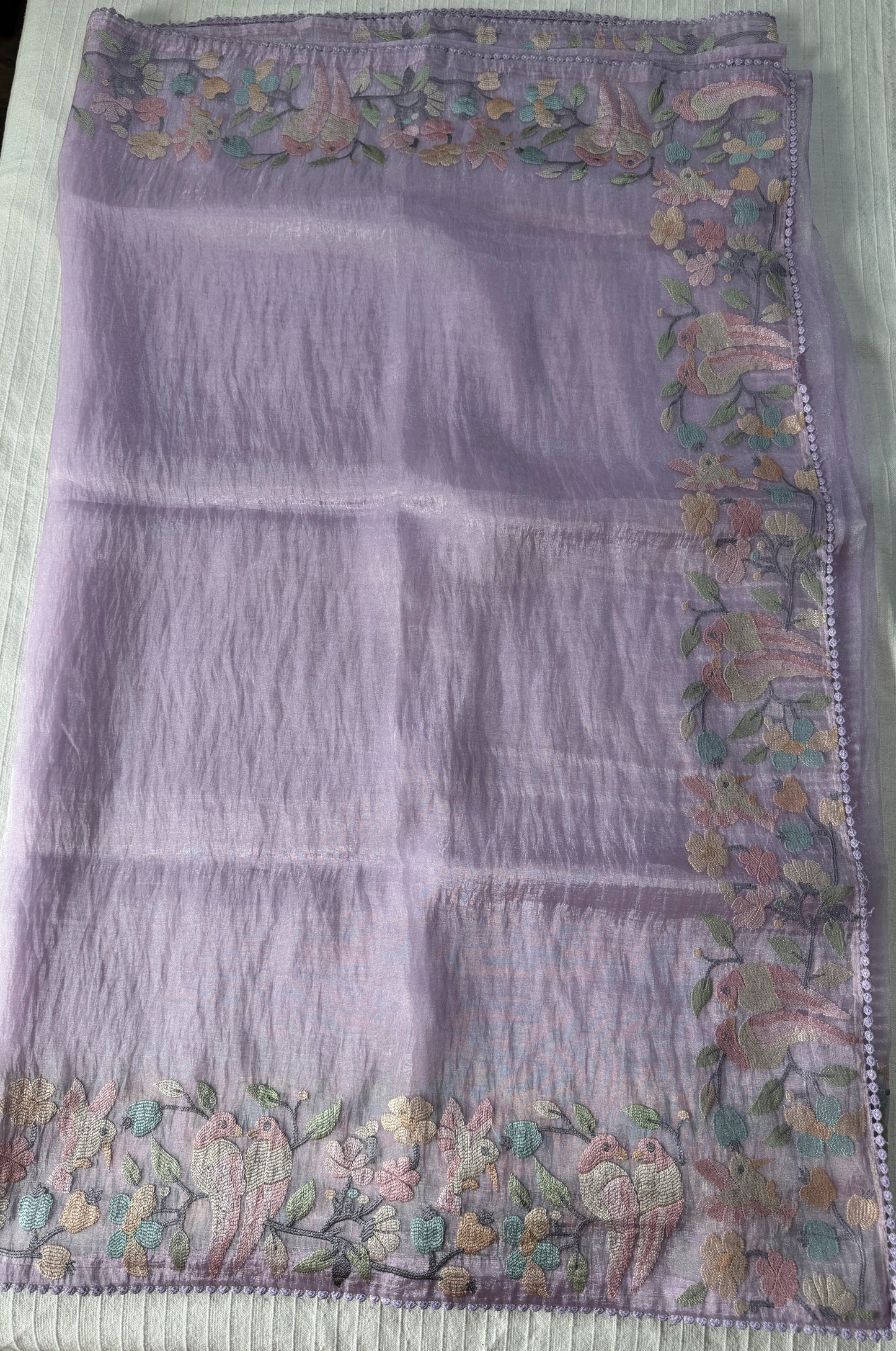 Organza glass tissue saree with embroidery and lace detailed borders | Light Lavender| OB3