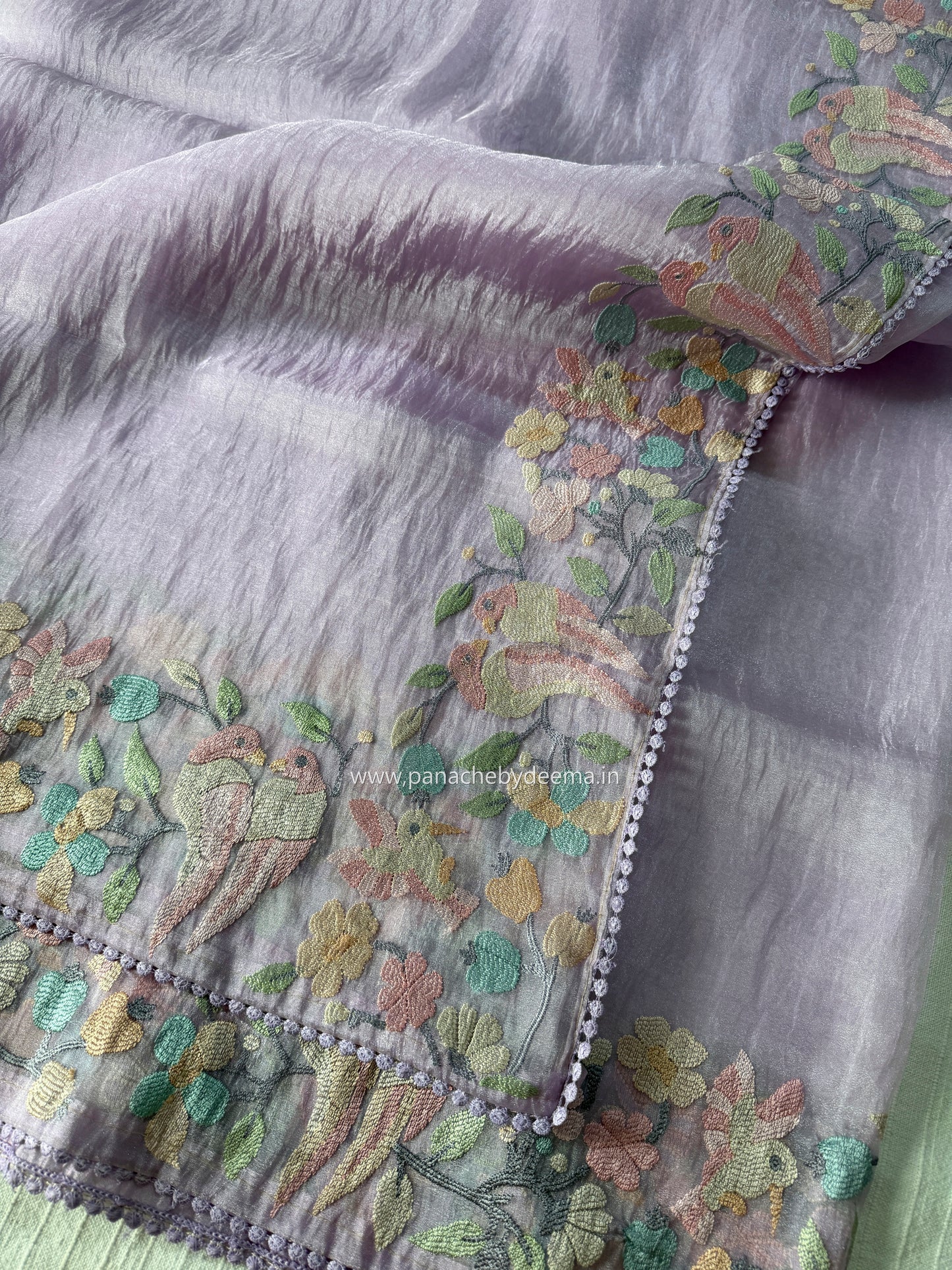 Organza glass tissue saree with embroidery and lace detailed borders | Light Lavender| OB3