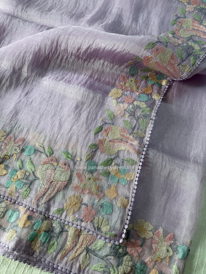 Organza glass tissue saree with embroidery and lace detailed borders | Light Lavender| OB3