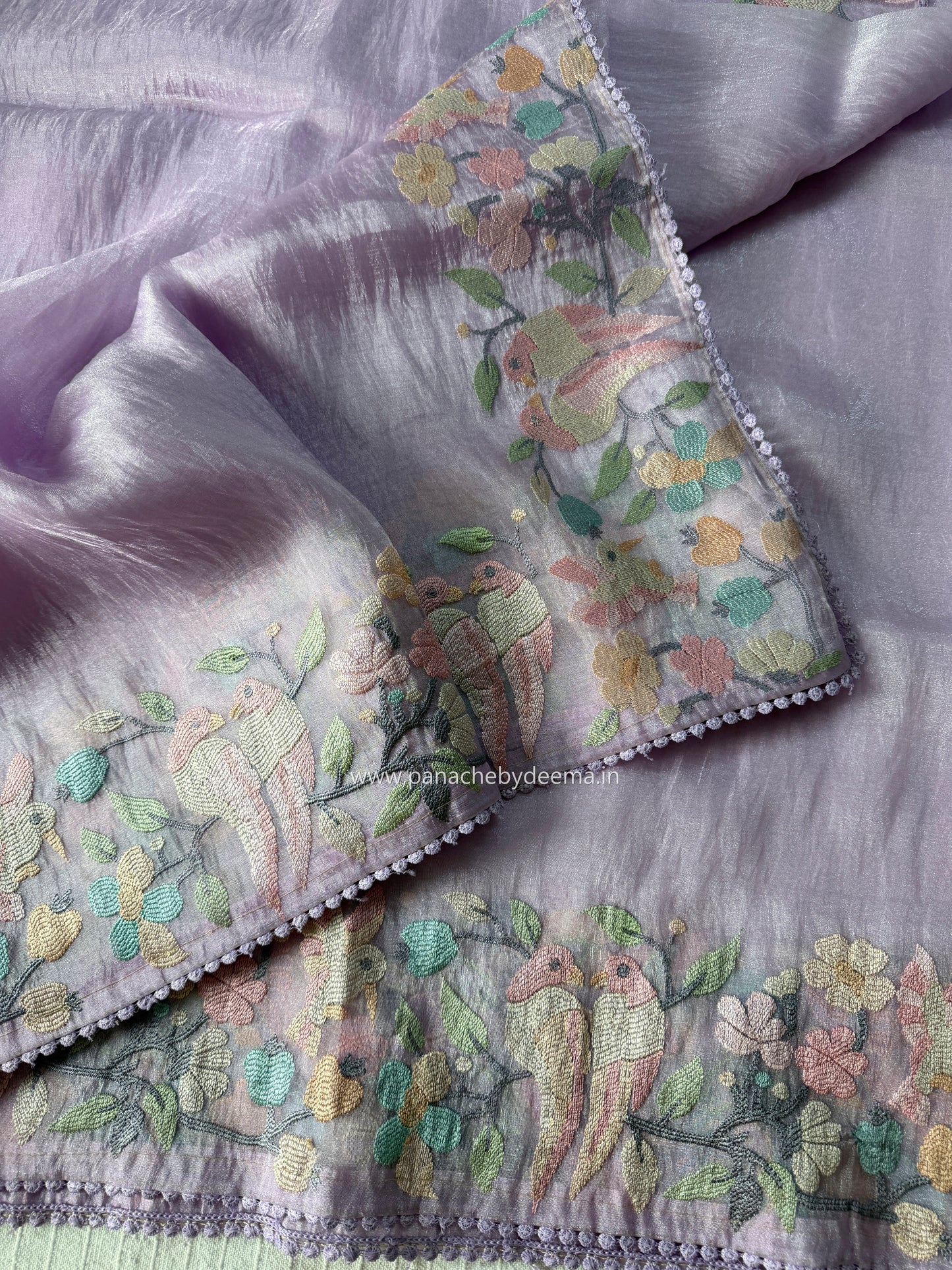 Organza glass tissue saree with embroidery and lace detailed borders | Light Lavender| OB3